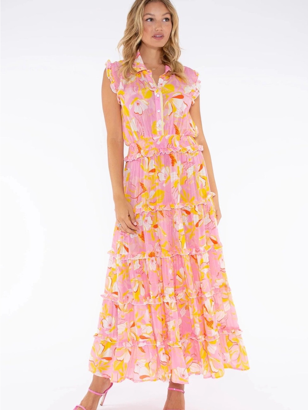 TAJ by Sabrina Crippa Pink & Yellow Floral Maxi Dress